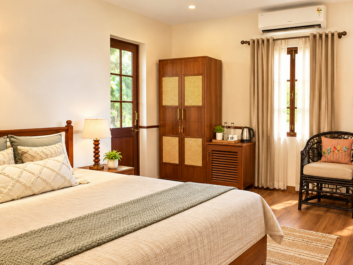 A Hideaway Room: a double bed with a sage throw, a lamp by a glazed door onto the trees, and a cane-panelled wardrobe